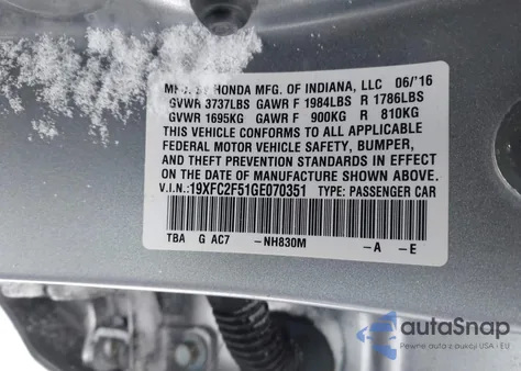 2016 Honda Civic Lx z USA, uszkodzony, nr VIN 19XFC2F51GE070351